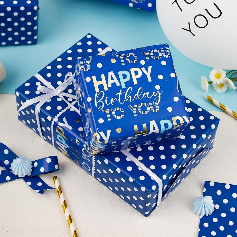 MAYPLUSS ورق تغليف عيد ميلاد سعيد قابل للعكس - 17 بوصة × 33 قدم - ظلال من الأزرق مع حروف عيد الميلاد المعدنية للأولاد هدايا تغليف ورق للأطفال والرجال والآباء لمناسبات العطلات وحفلات استقبال المواليد ويوم الأب - Image 4